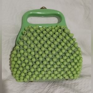 Vintage 1960s Lime Green Beaded Purse mod plastic handle goldtone closure